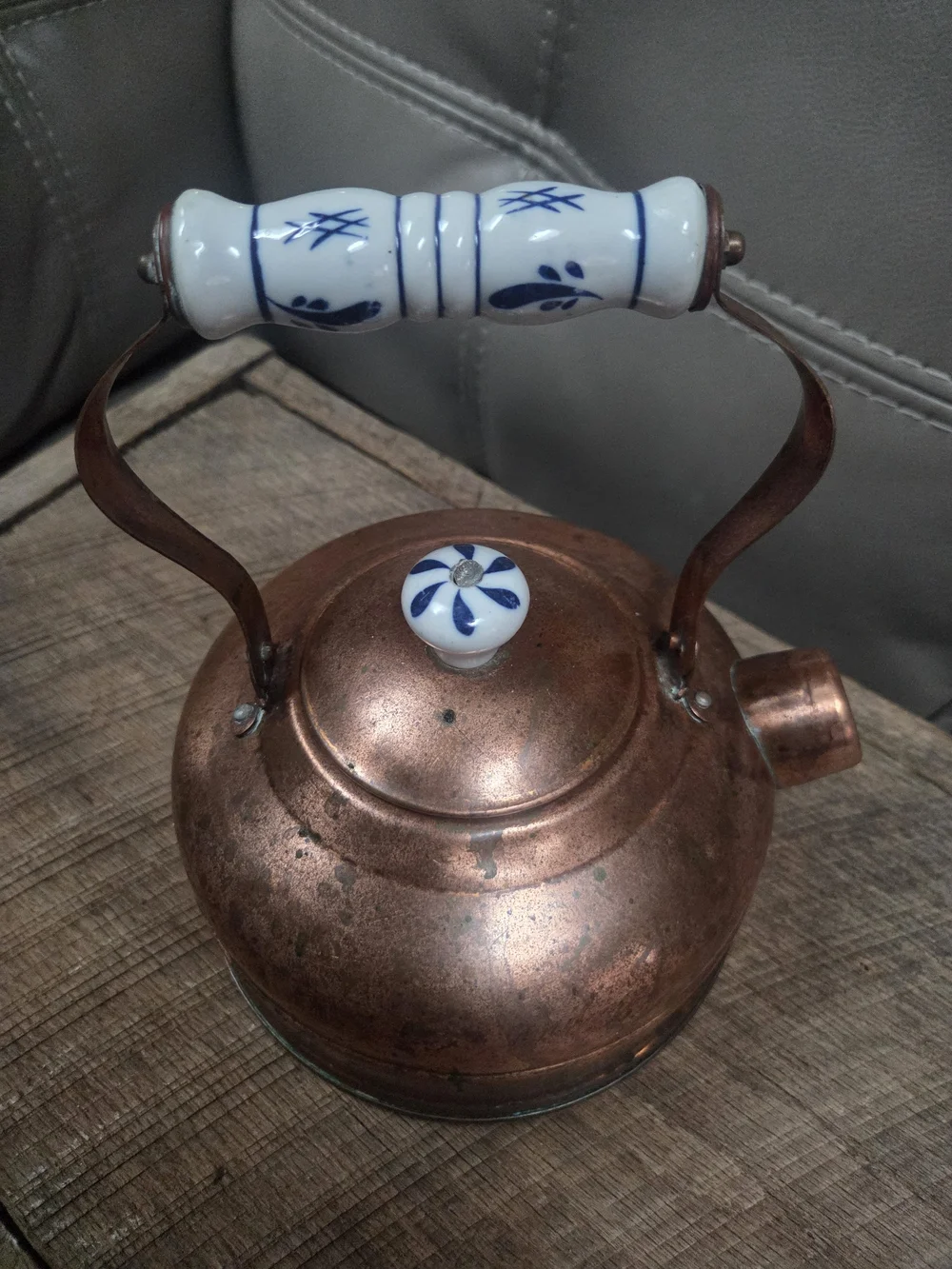 Vintage Copper Teapot with Blue White Ceramic Handle and Knob ~ Bin R